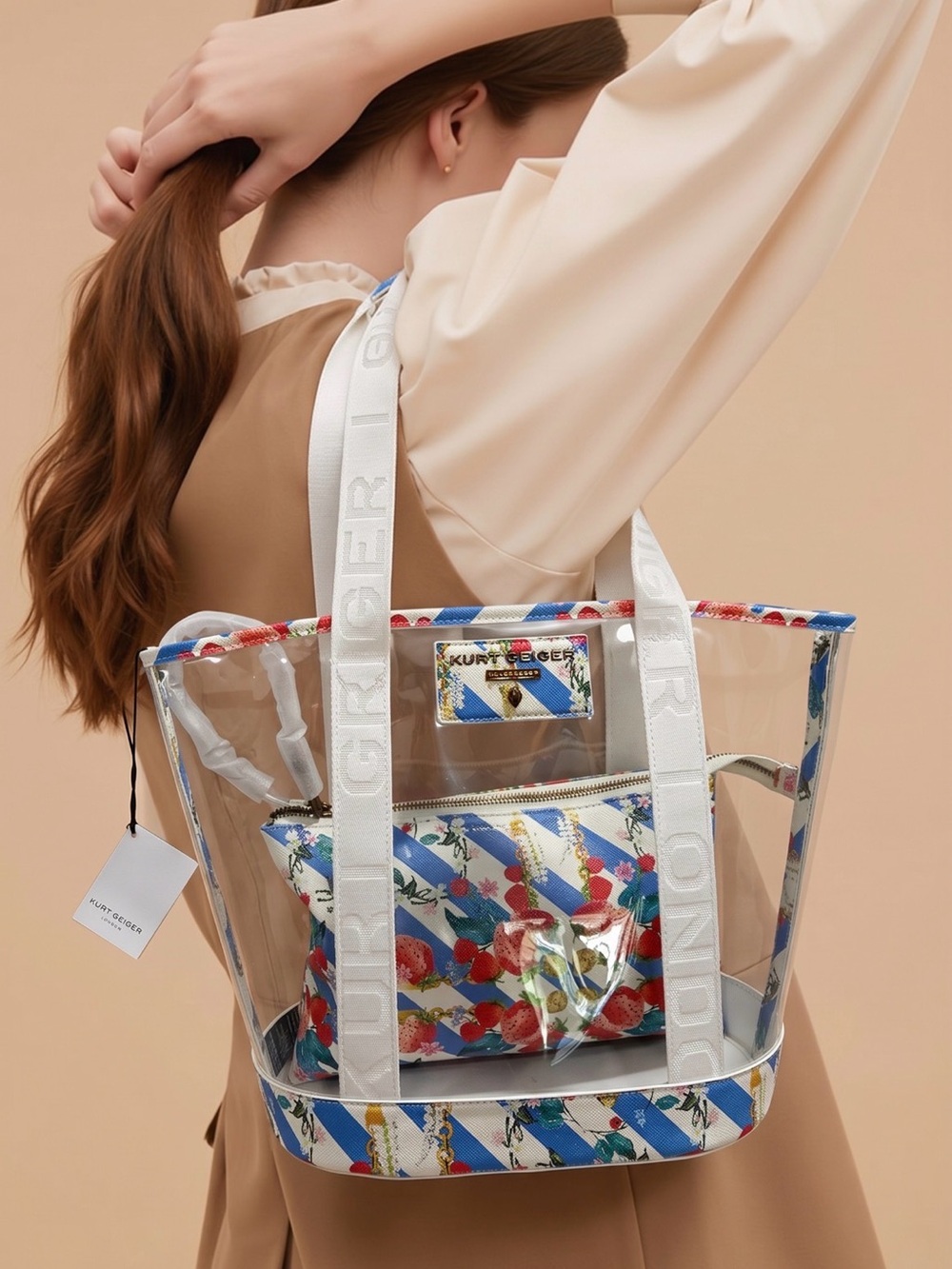 Kurt Geiger White Clear Tote with Blue & Floral & wristlet NWT